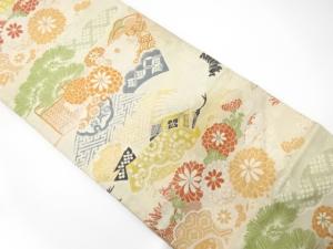 アンティーク　鶴に読み本・松・菊模様織り出し丸帯（材料）